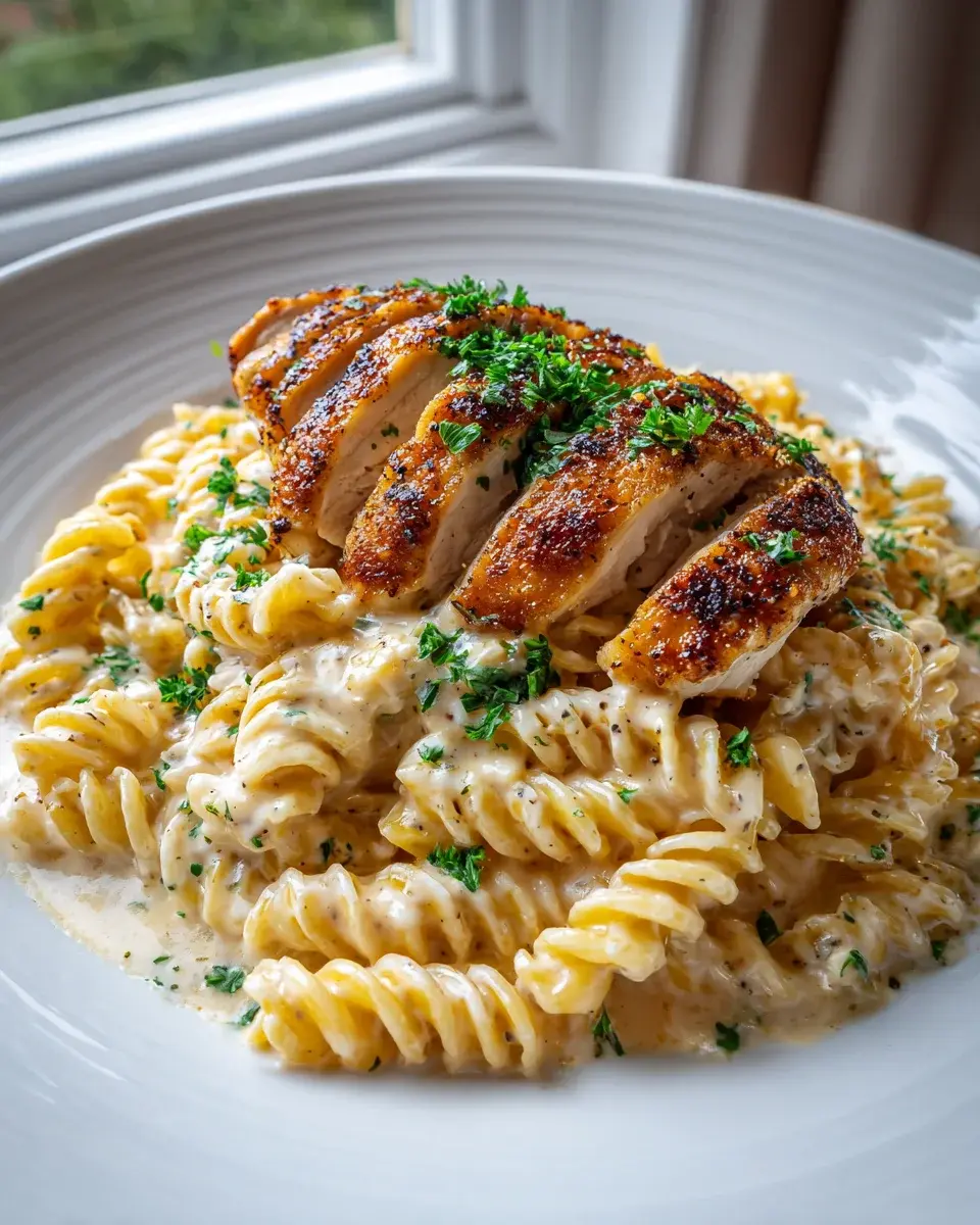 Creamy Garlic Parmesan Chicken With Cheesy Twisted Pasta