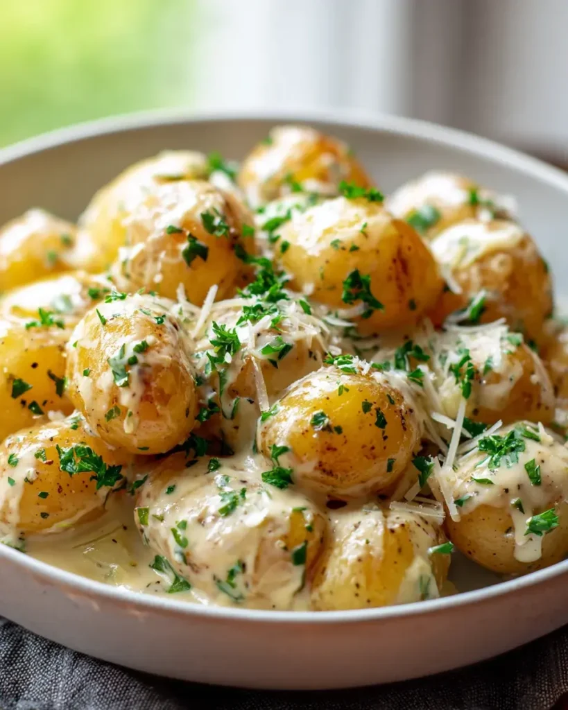 Cremige Knoblauchsauce für Baby-Kartoffeln genießen!