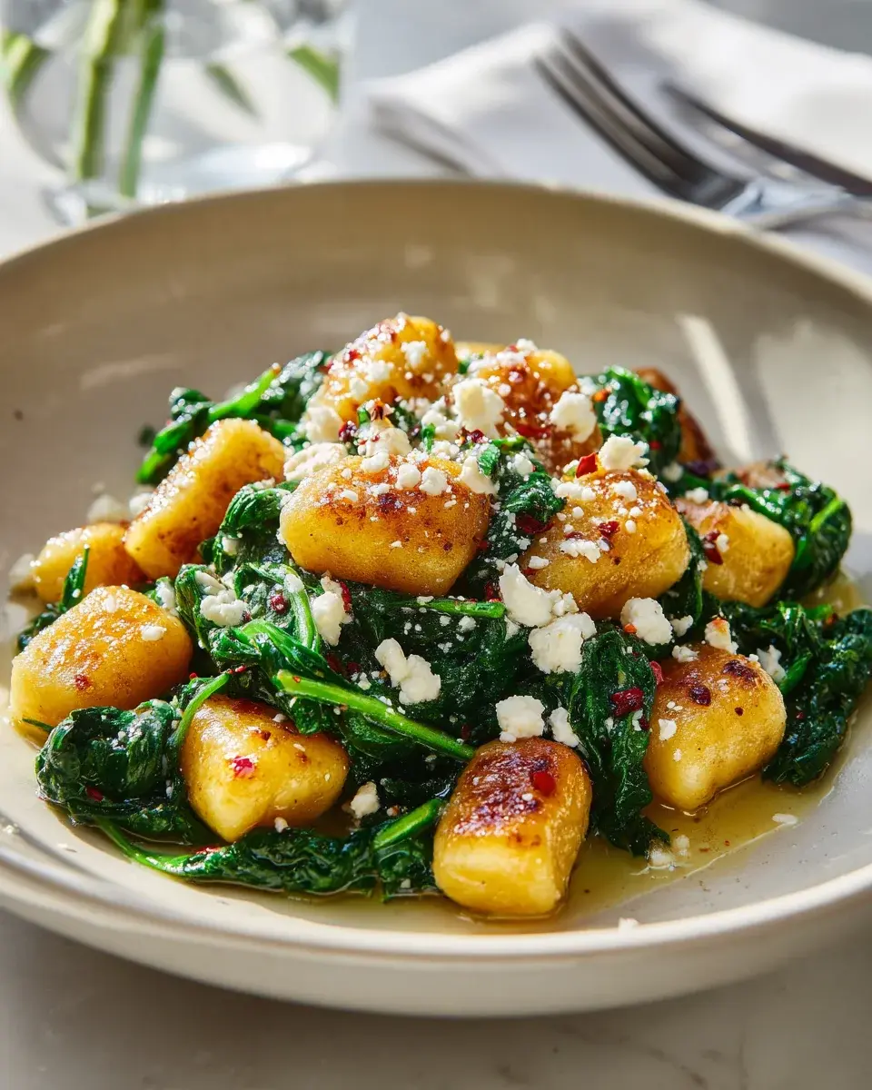Crispy Gnocchi mit Spinat und Feta