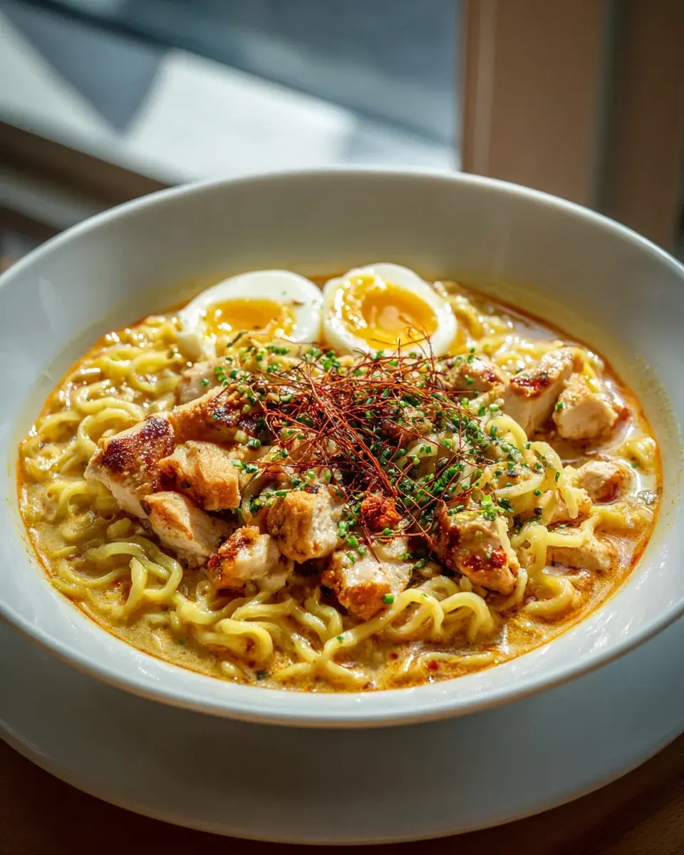 Feuriges Chicken Ramen mit cremiger Knoblauchsoße