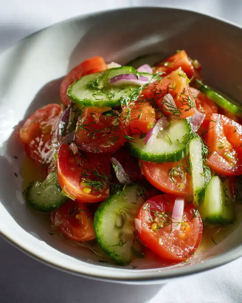 Gurkensalat mit Tomaten und roten Zwiebeln