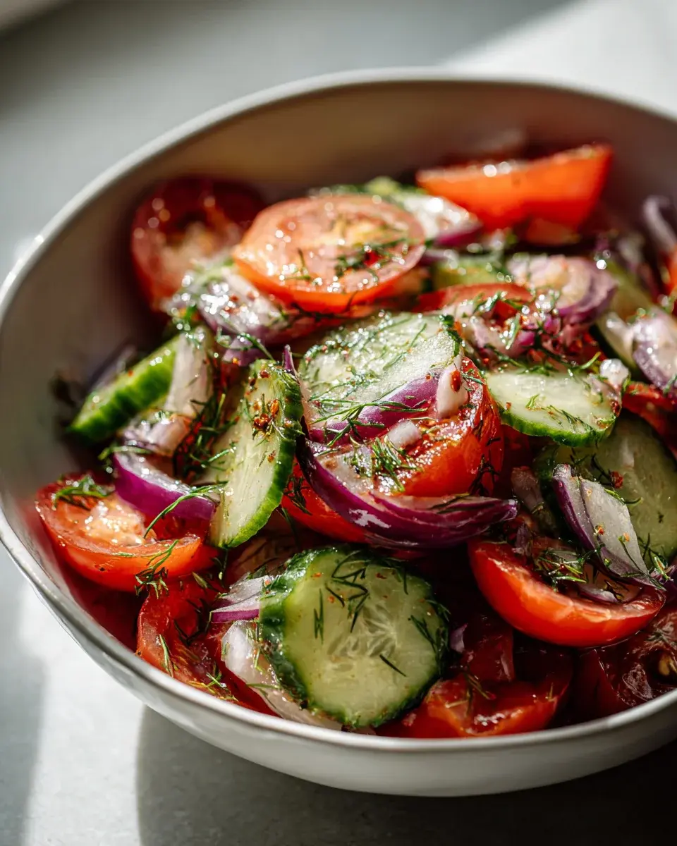 Gurkensalat mit Tomaten und roten Zwiebeln