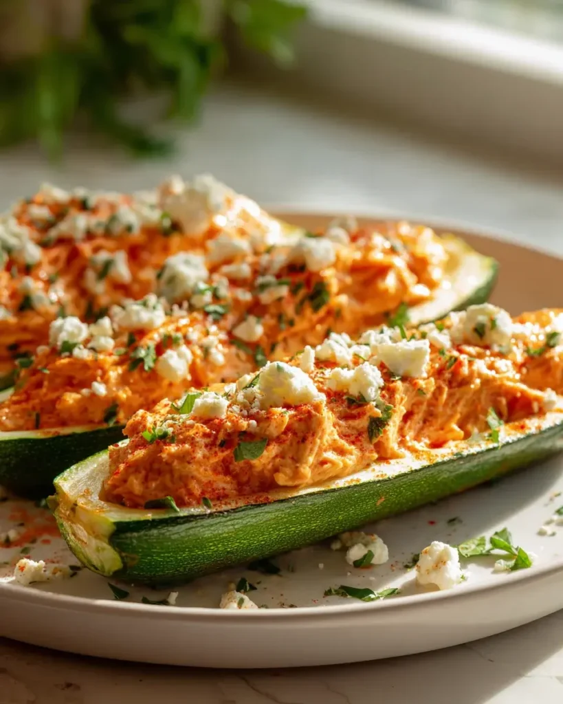 Proteinreiche Buffalo Chicken Zucchiniboote | Rezept – Snackerra