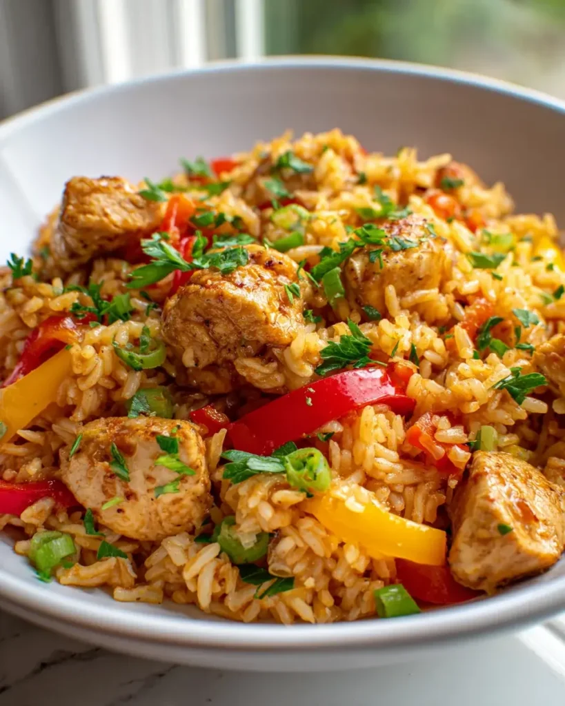 Schnelle Paprika Reis Pfanne mit Hähnchen & Sojasoße