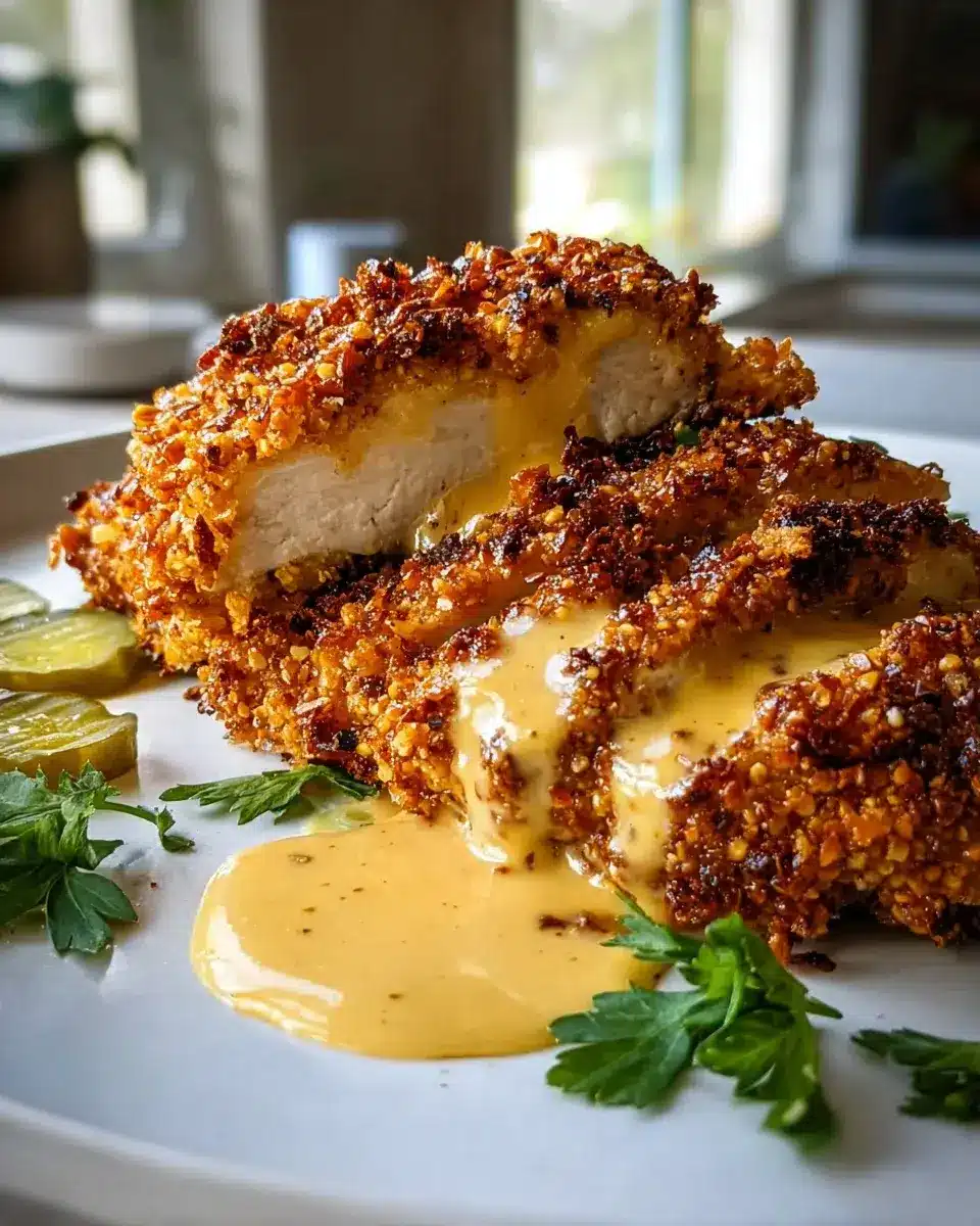 Rezept Pretzel Chicken Senf Cheddar Sauce