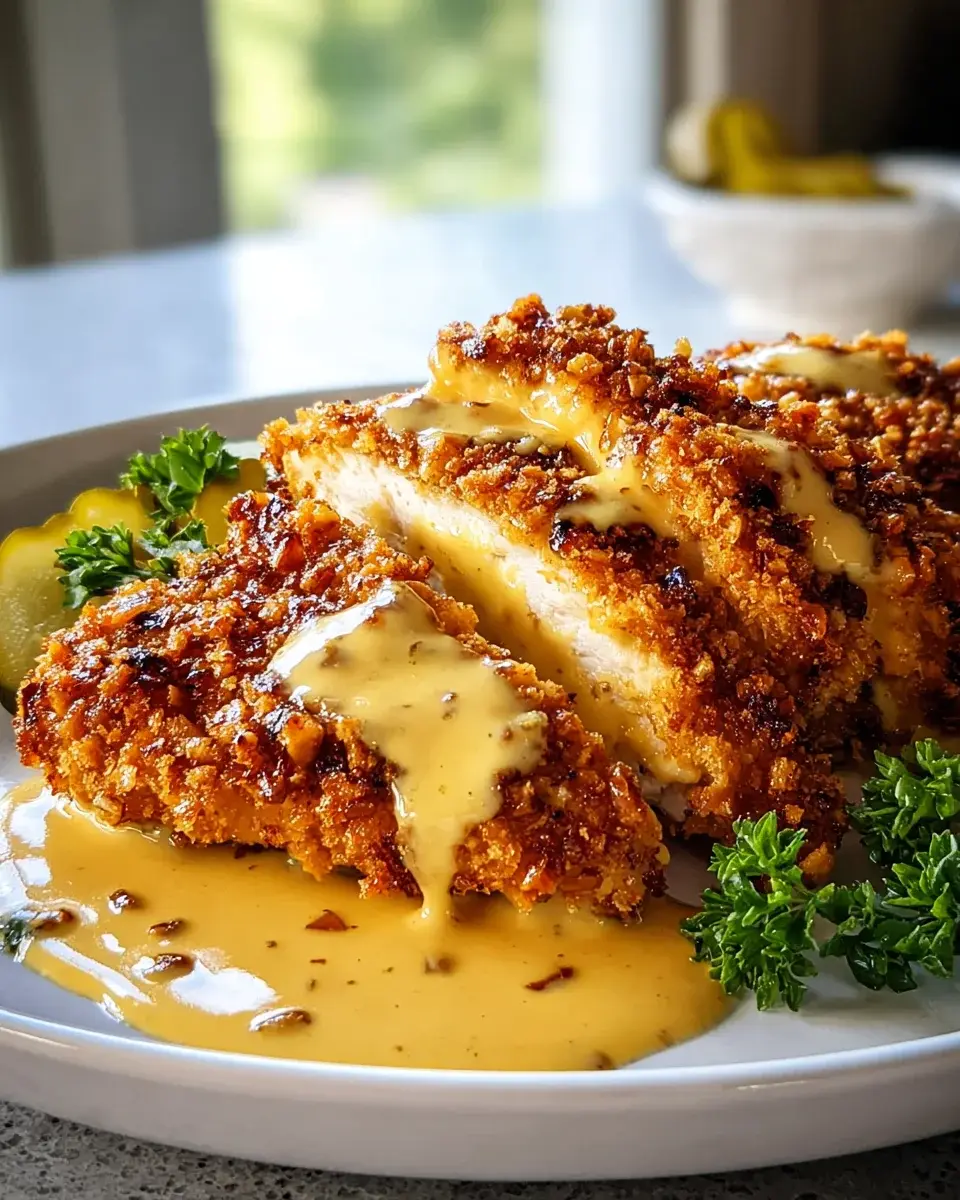 Rezept Pretzel Chicken Senf Cheddar Sauce