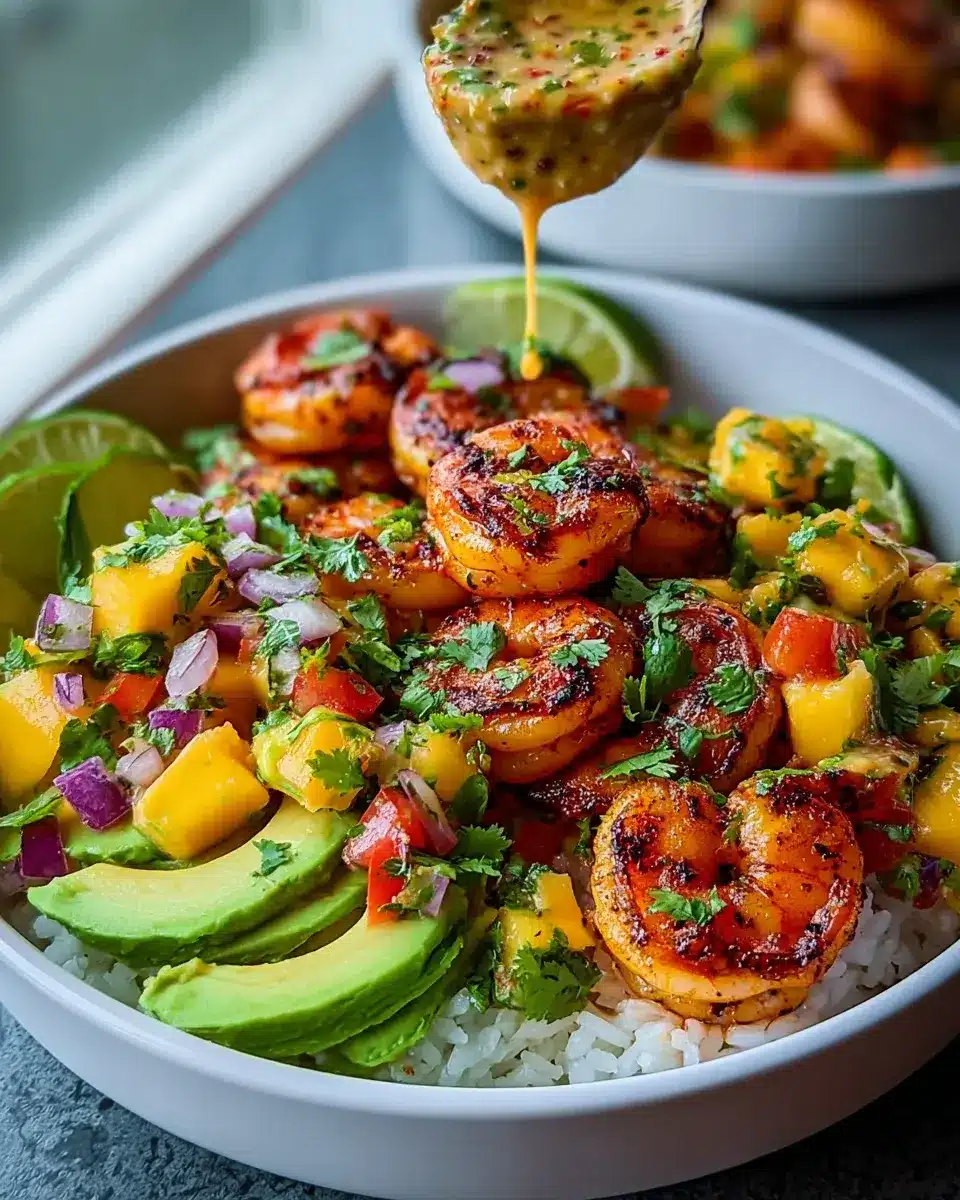 Shrimp Avocado Bowls Mango Salsa Lime Chili Sauce