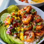 Shrimp Avocado Bowls Mango Salsa Lime Chili Sauce