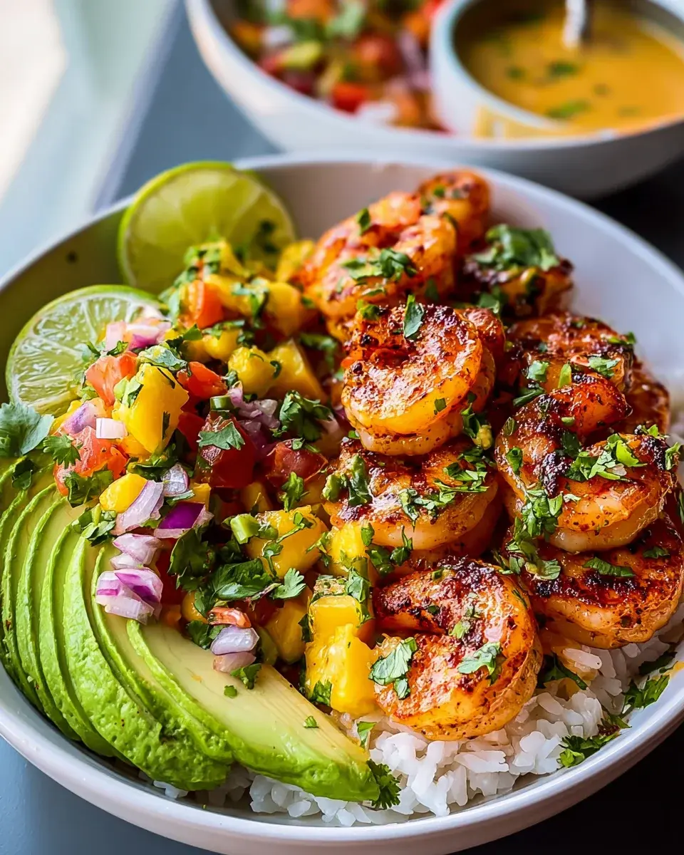 Shrimp Avocado Bowls Mango Salsa Lime Chili Sauce