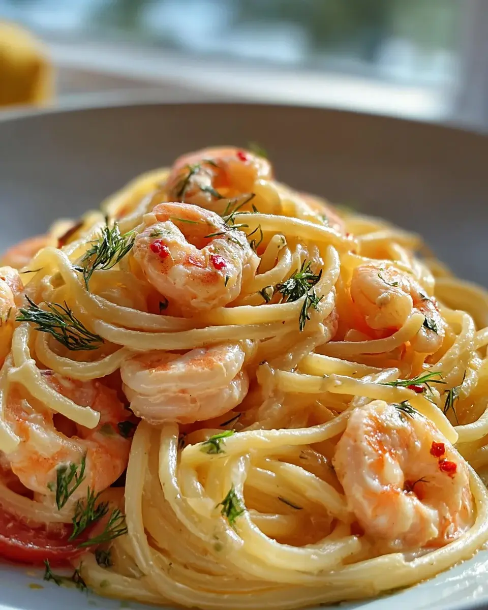 Spaghetti mit Garnelen Frischkysesauce