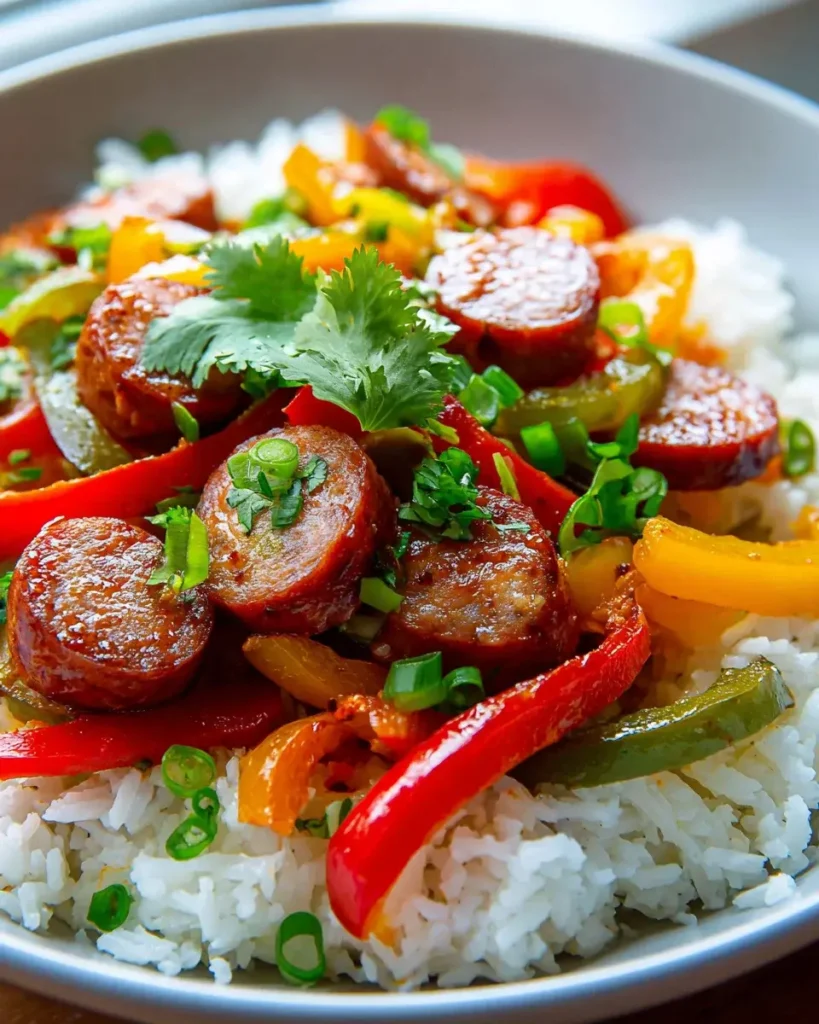 Scharfe Rinderwurst-Reis-Bowl: Dein einfaches Abendessen Rezept