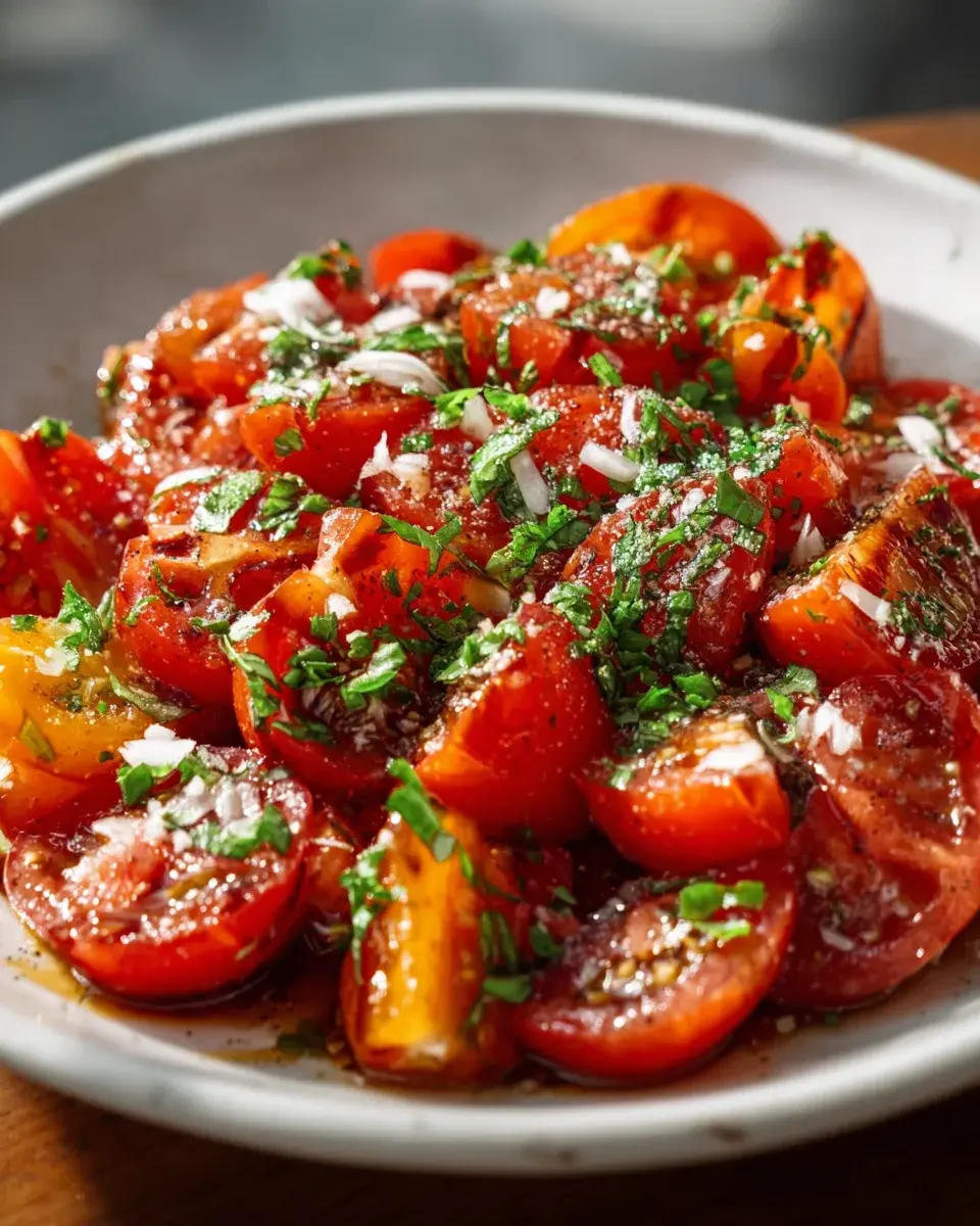 Frischer Tomaten-Knoblauch Salat – Sommerleicht genießen. - Snackerra 4 Tomato Garlic Salad Summer Recipe