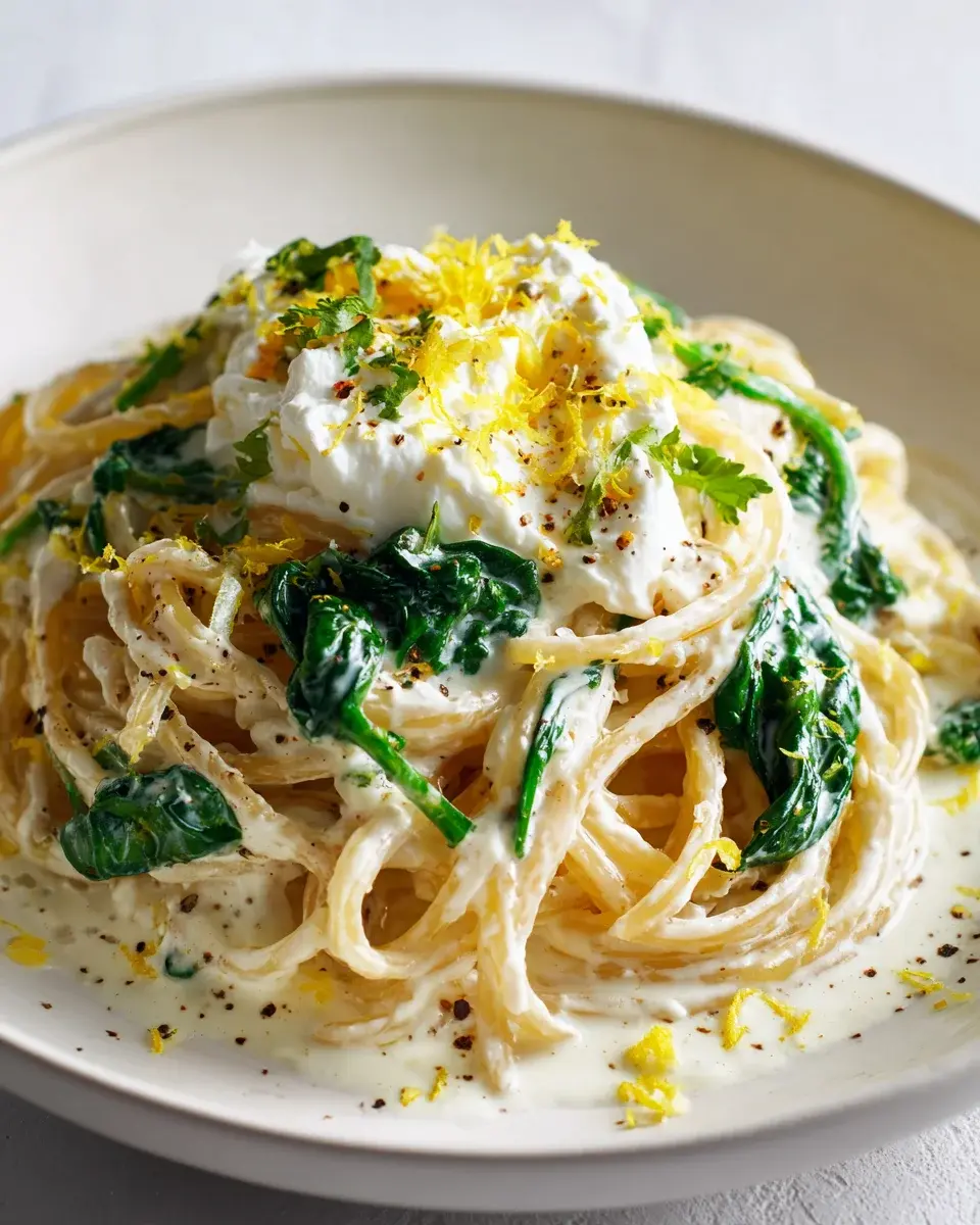 Zitronen Burrata Pasta mit Spinat