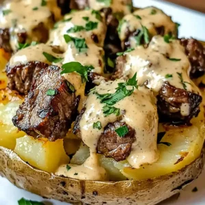 Beladene Kartoffeln mit Steakbissen