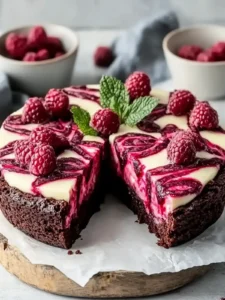 Fudgy Brownieherzen mit Cheesecake und Himbeerswirle