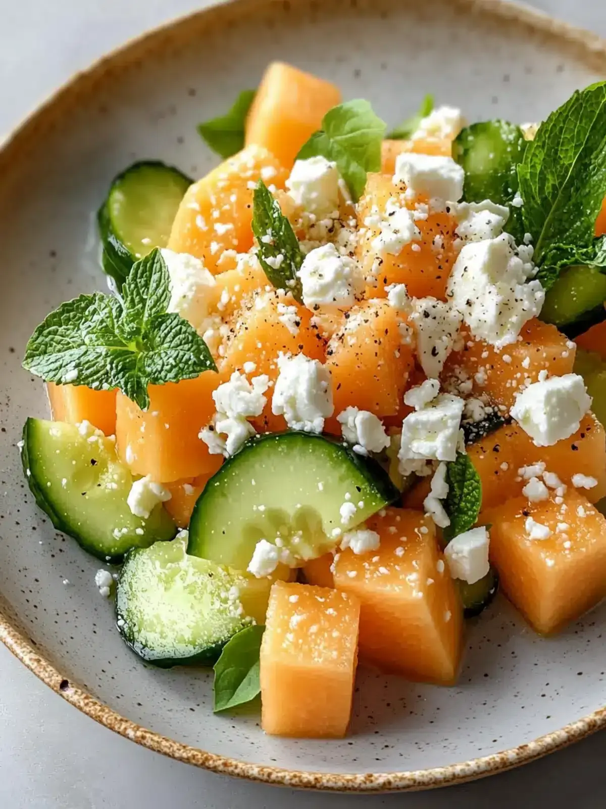 Cantaloupe Melonen Salat mit Gurke und Feta