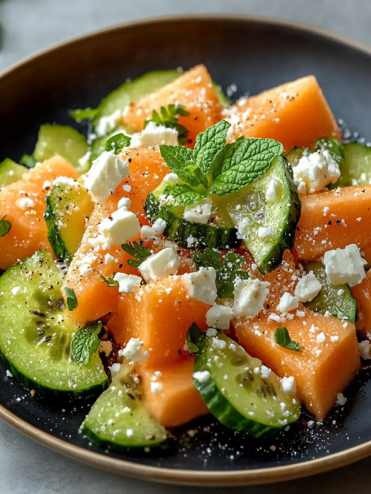 Cantaloupe Melonen Salat mit Gurke und Feta