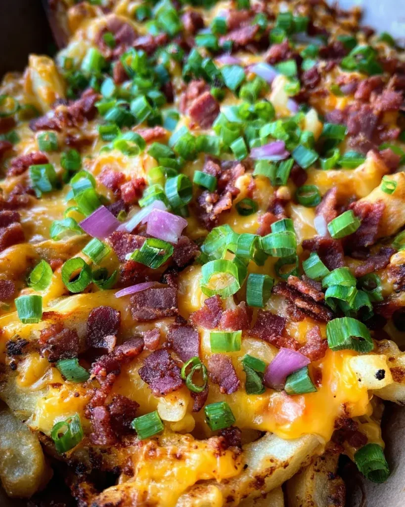 Chili Cheese Fries (Pommes mit Käse und turkey bacon überbacken)