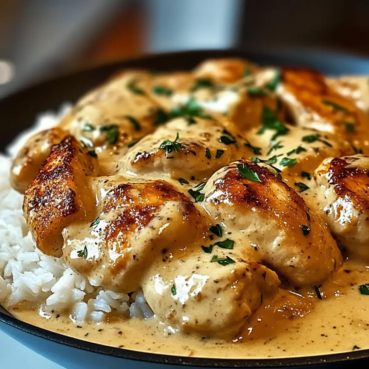 Cremig überbackenes Hähnchen und Reis