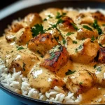 Cremig yberbackenes Hyhnchen und Reis