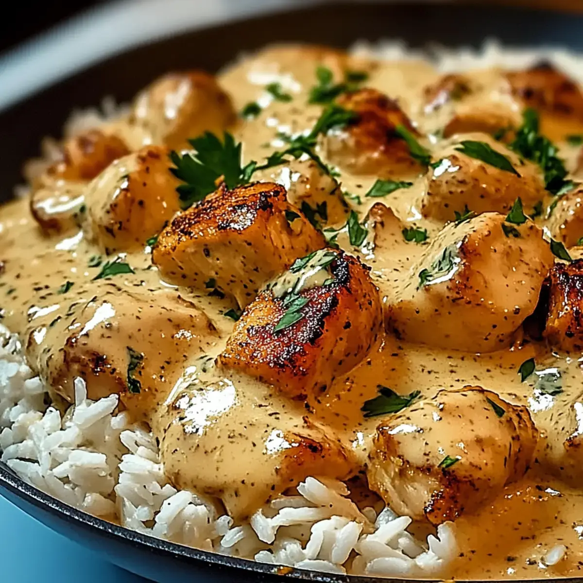 Cremig yberbackenes Hyhnchen und Reis
