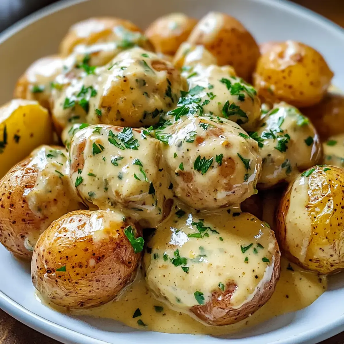 Cremige Knoblauchsauce Babykartoffeln
