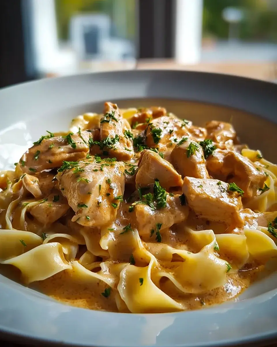Cremiges Hyhnchenragout mit Bandnudeln