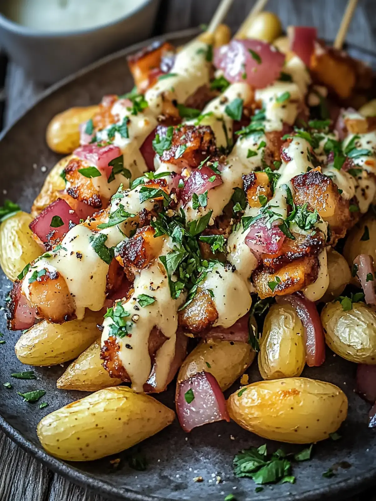 Dreckiges Hähnchen und Speck beladene Pommes
