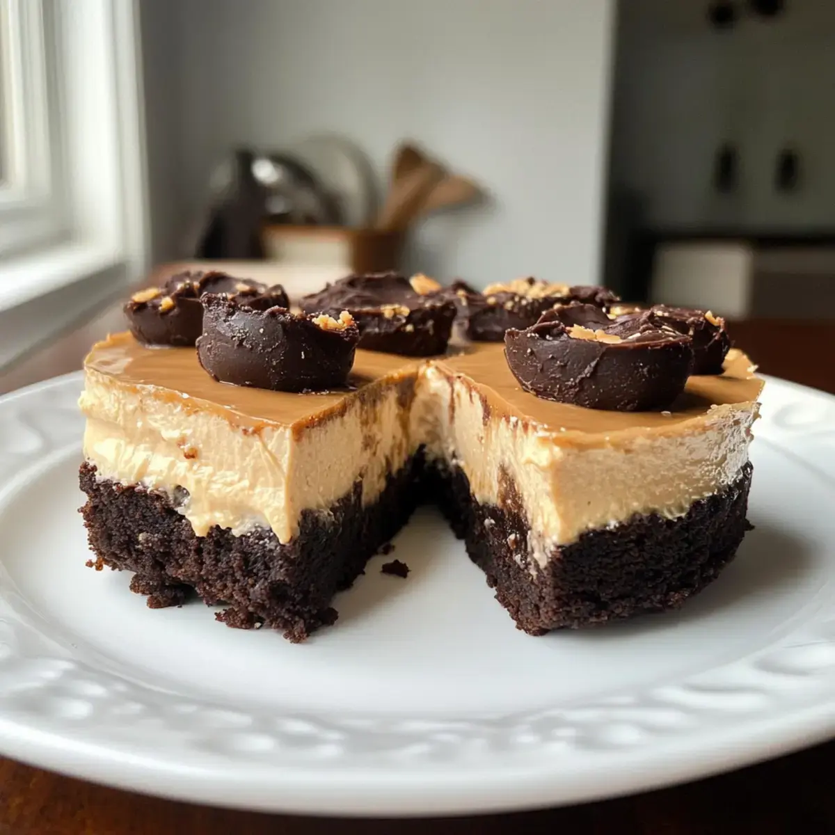 Dreischichtige gesunde Brownie Erdnussbutter Käsekuchen