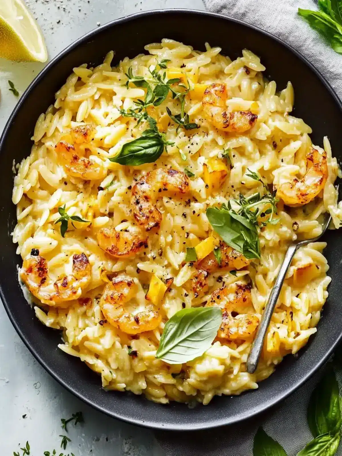 Ein-Pfanne-Cremiger-Mais-Orzo mit Garnelen