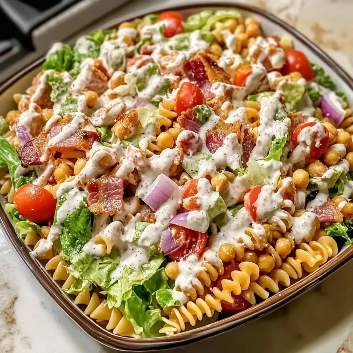 Einfache proteinreiche BLT-Nudelsalat