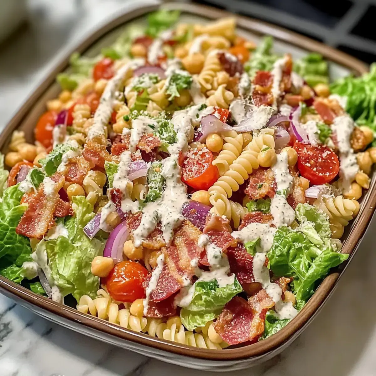 Einfache proteinreiche BLT-Nudelsalat