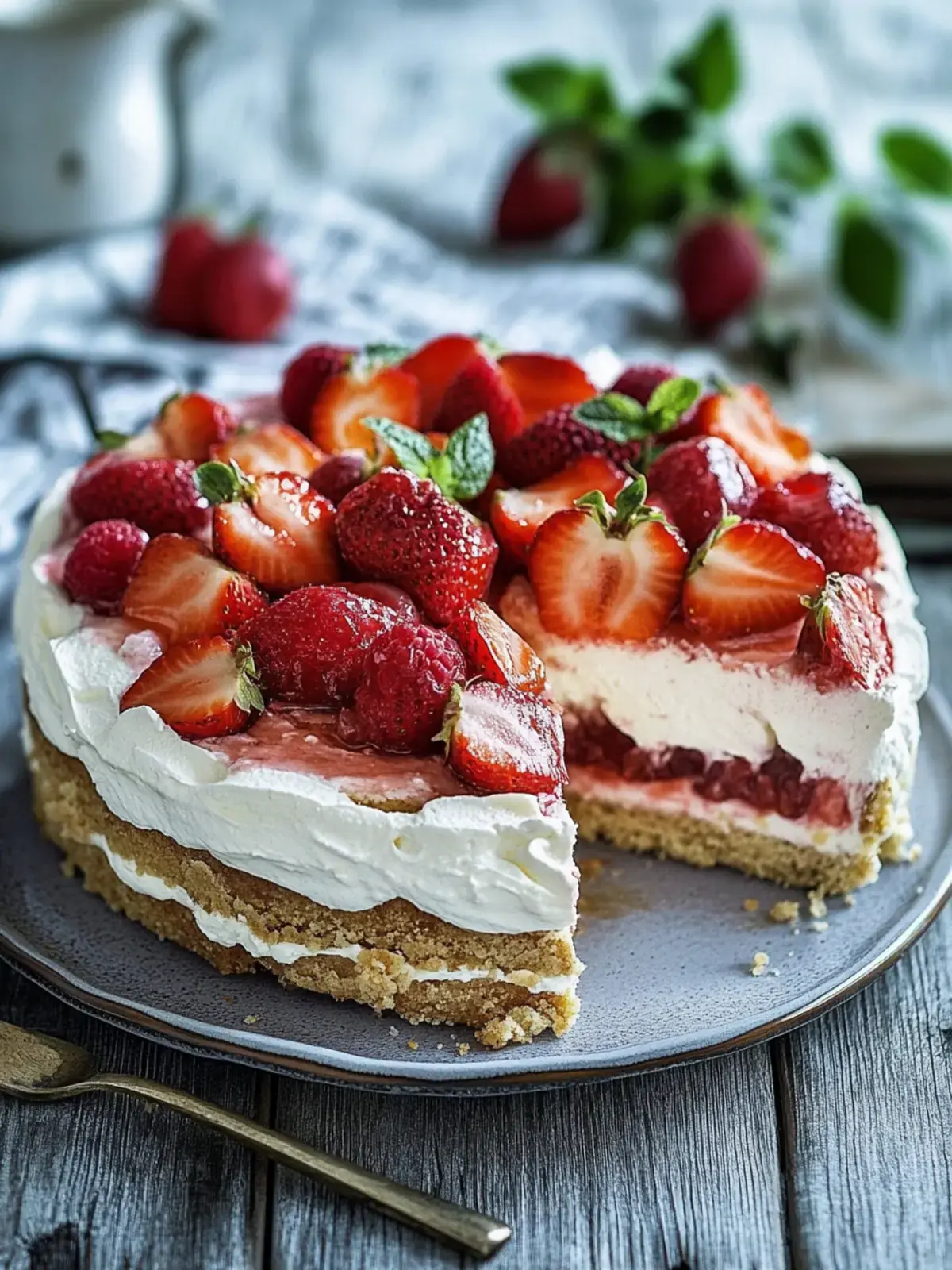 Erdbeer-Baiser-Torte mit frischen Erdbeeren und Baiser