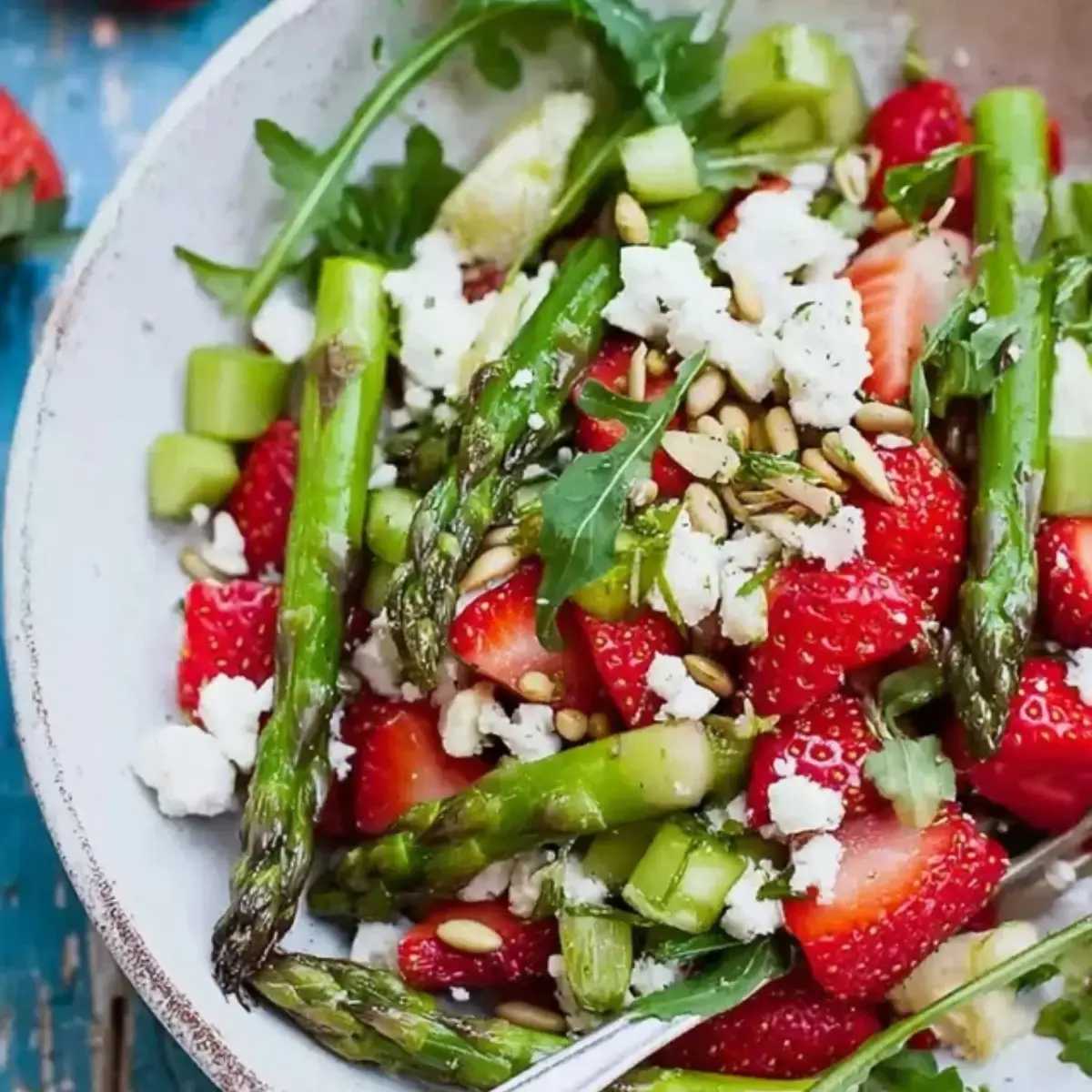 Erdbeer Spargel Salat mit Feta und Pinienkernen