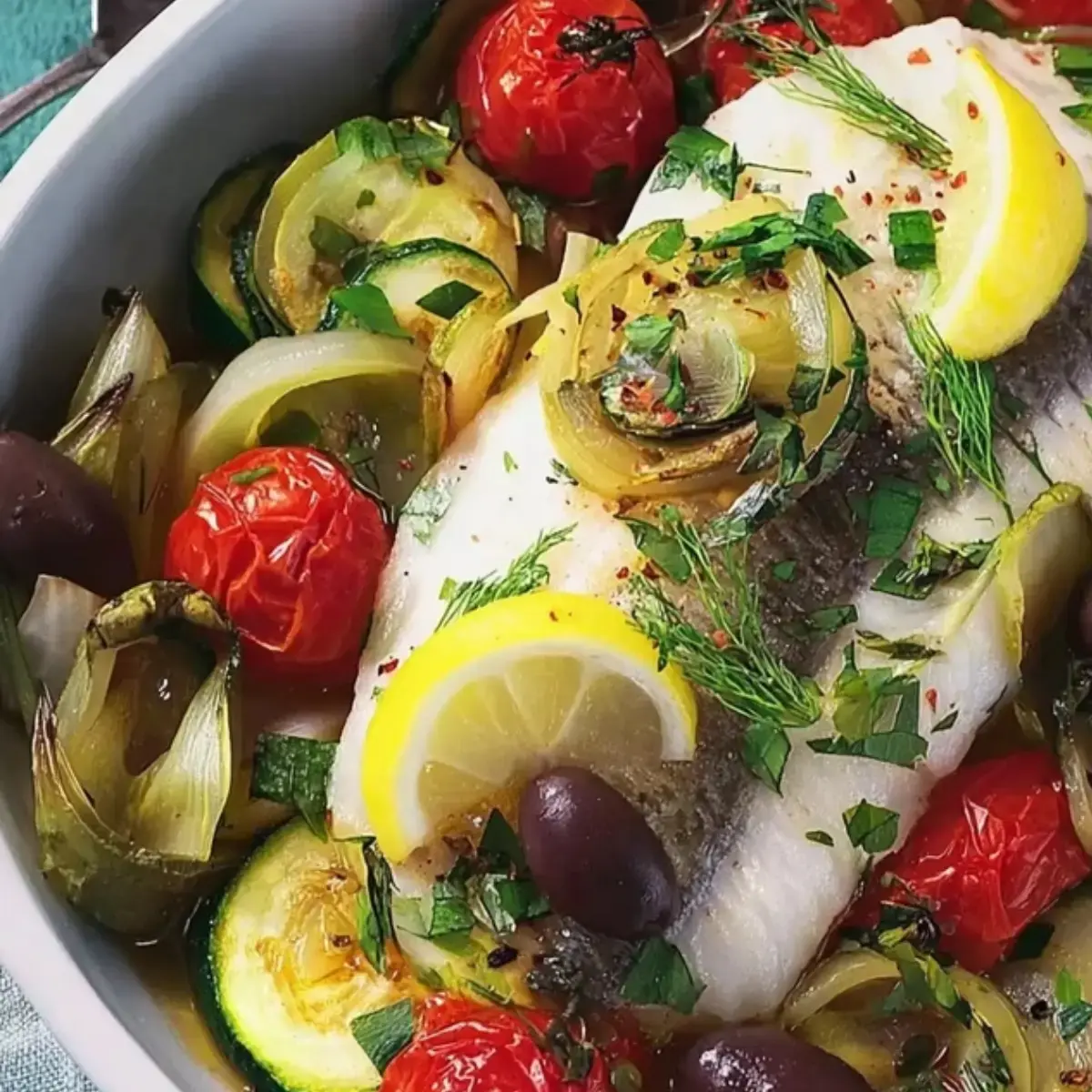 Fisch mit Gemüse aus dem Ofen