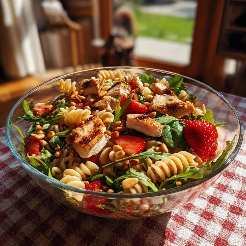 Frühsommerlicher Nudelsalat Hähnchen Erdbeeren