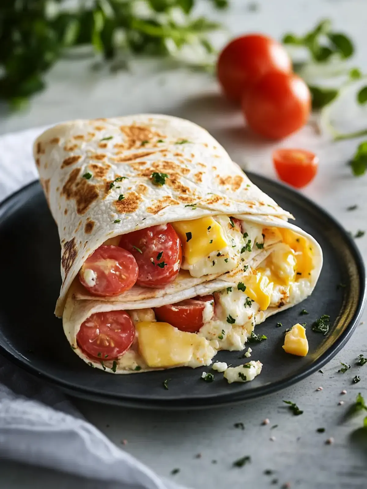 Frühstückswrap mit Ei Käse und Tomaten