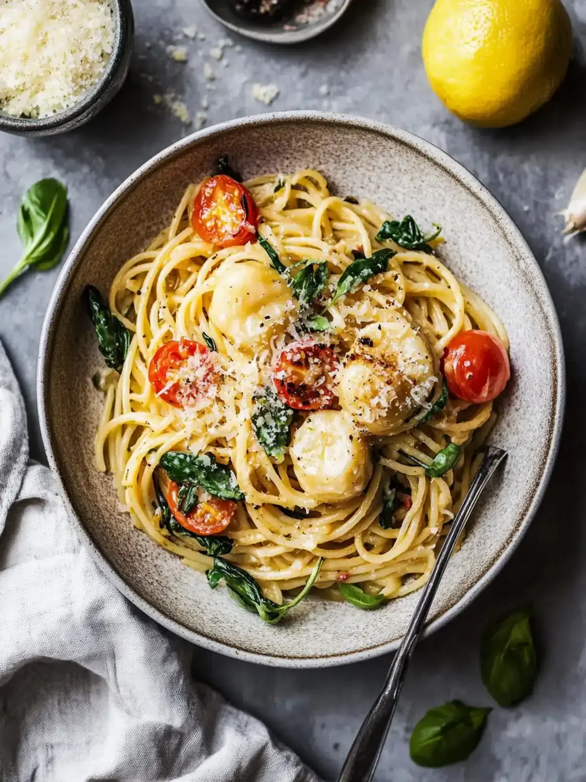 Garnelen und Jakobsmuschel-Pasta mit Gemüse