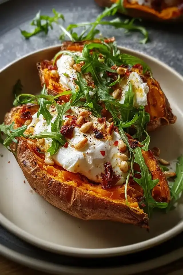 Gefüllte Süßkartoffeln mit Burrata – Cremig, gesund & voller Geschmack 4 Gefüllte Süßkartoffeln mit Burrata