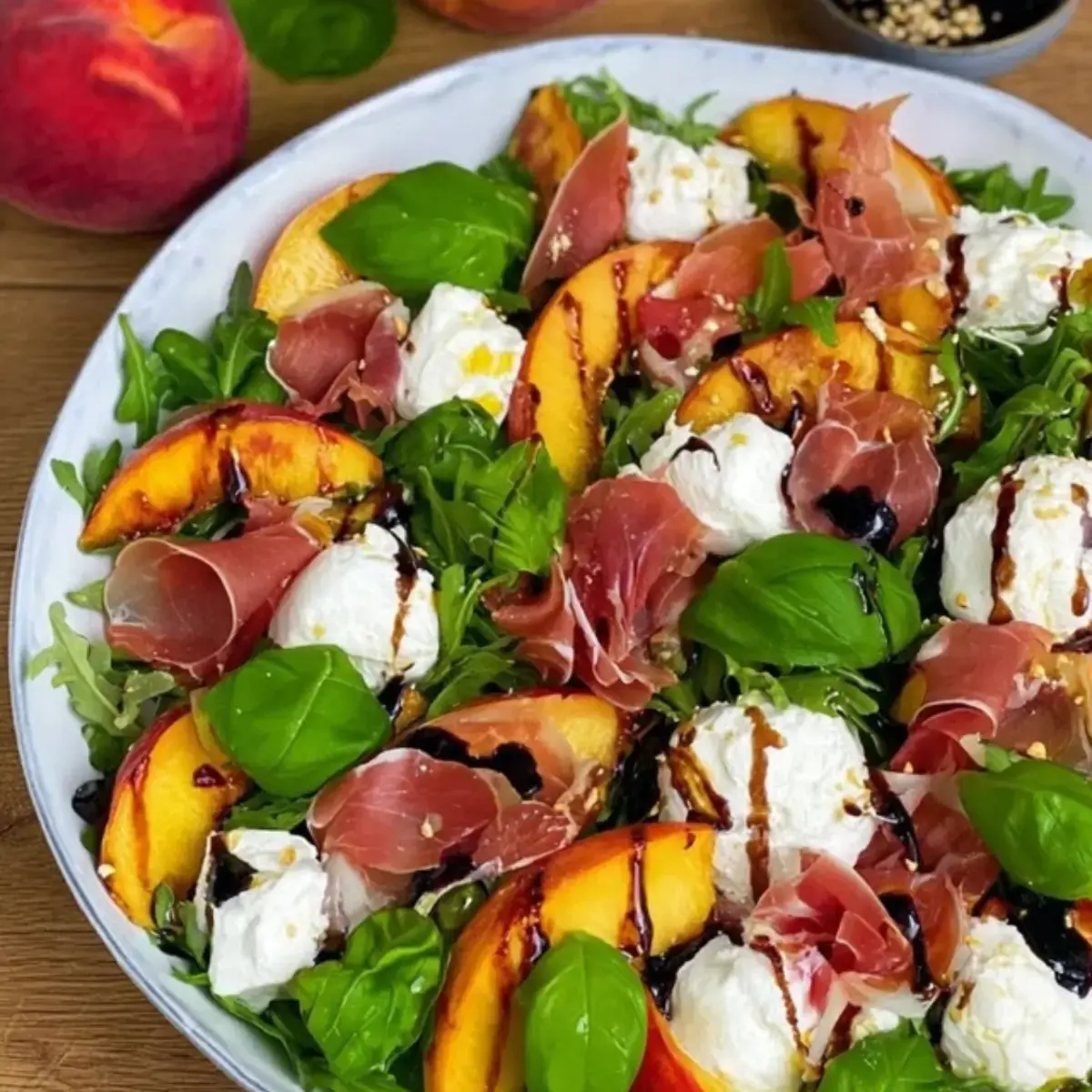 Gegrillter Pfirsich Salat mit Burrata und Serrano Schinken