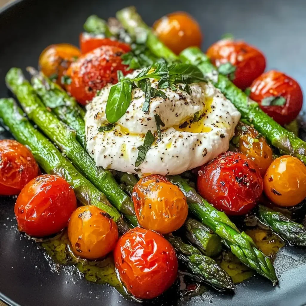Gerösteter grüner Spargel mit Burrata und Tomaten