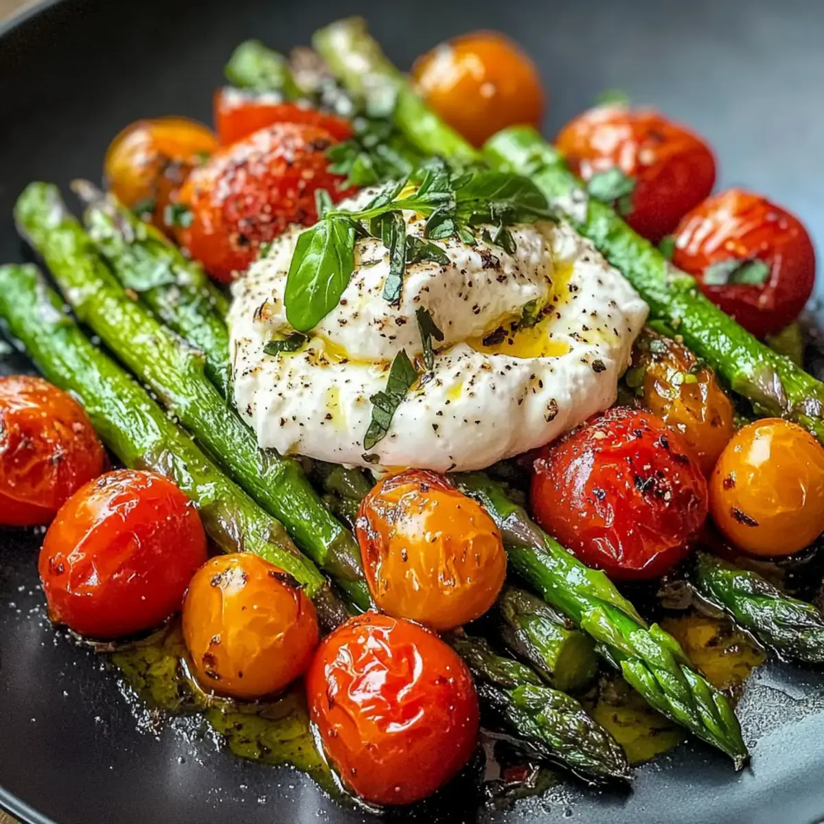 Gerösteter grüner Spargel mit Burrata und Tomaten