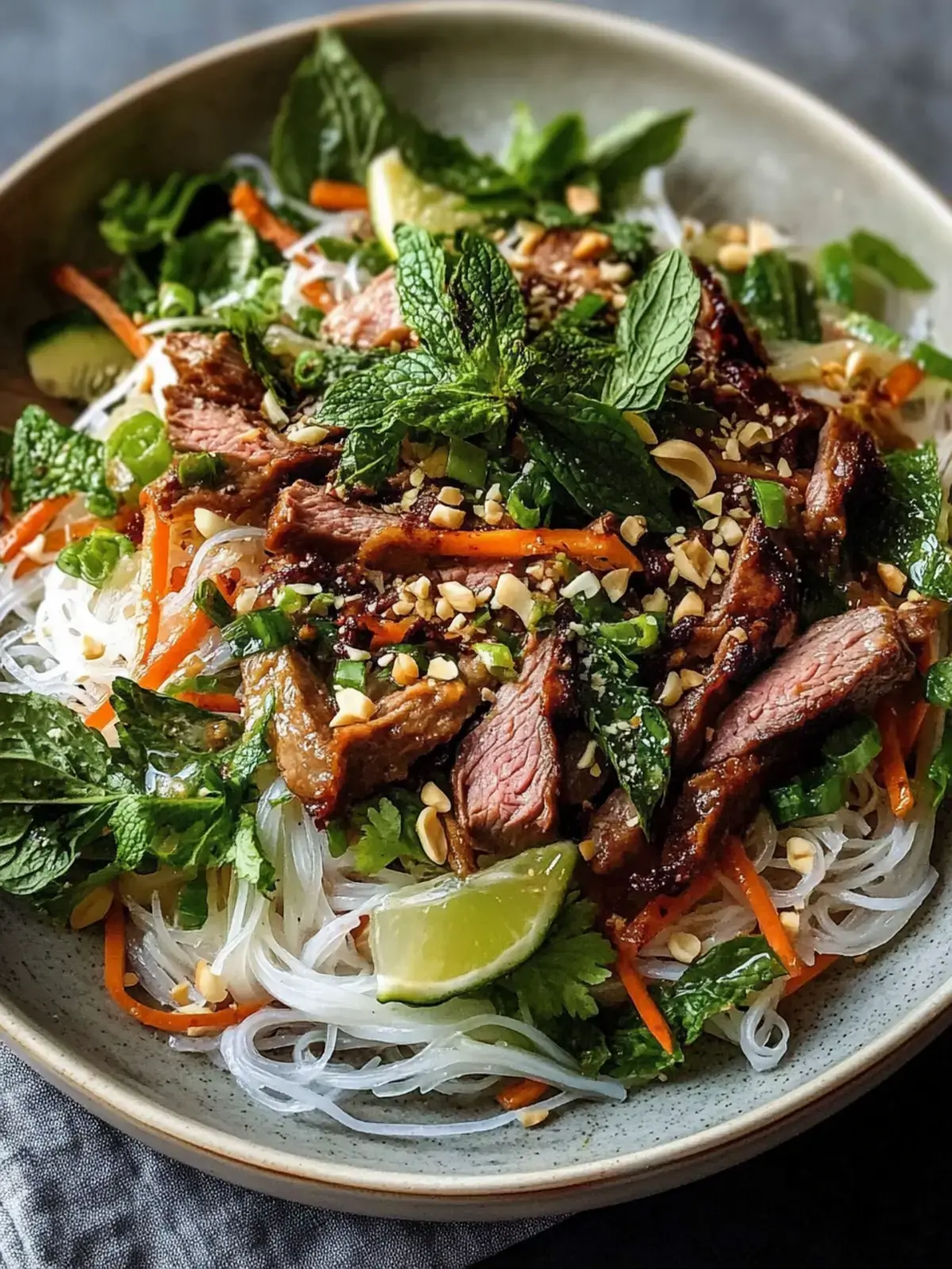 Geschmacksintensive vietnamesische BBQ Rindfleisch Nudelsalat
