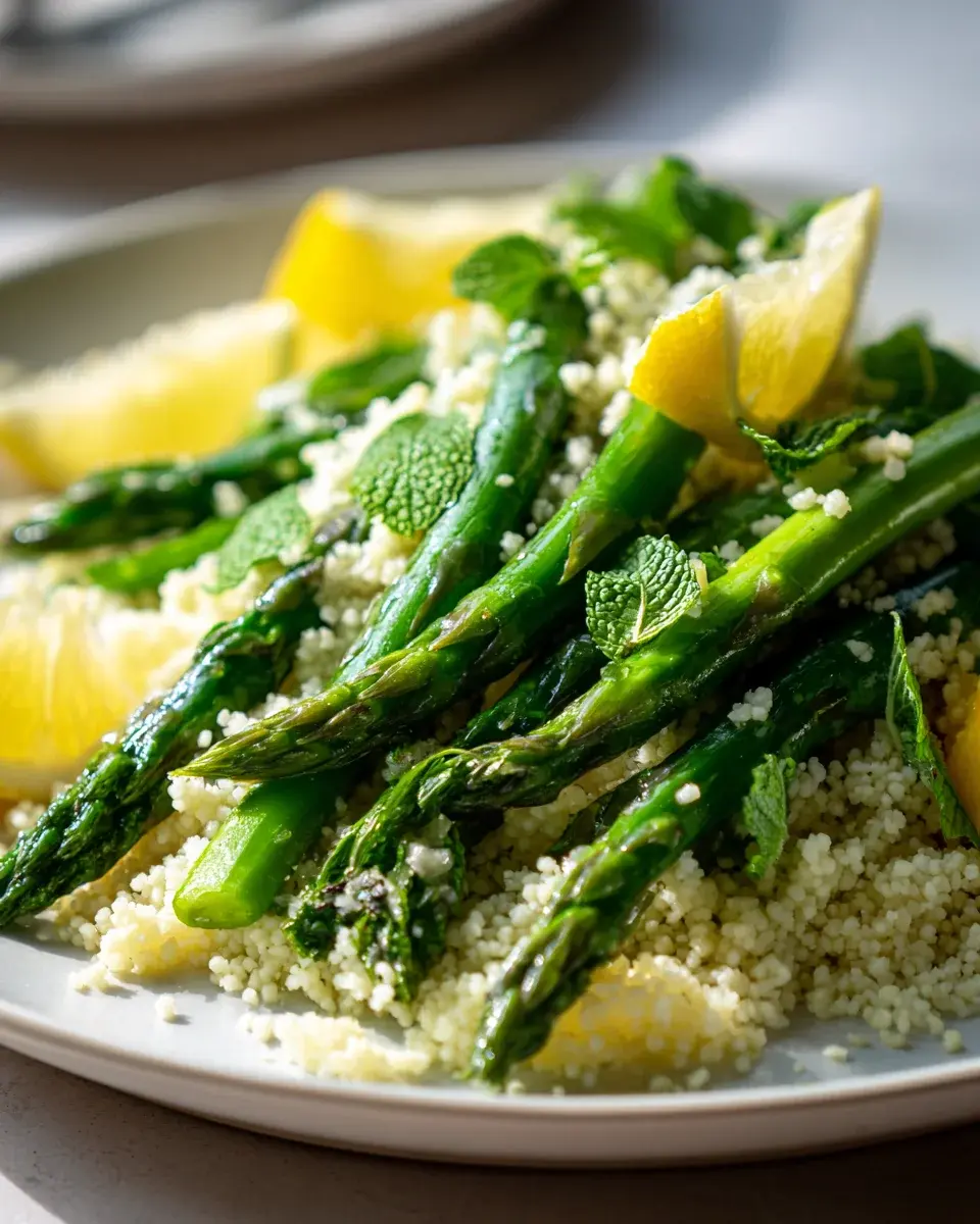 Grüner Spargel Salat Couscous Minze Zitronen Dressing