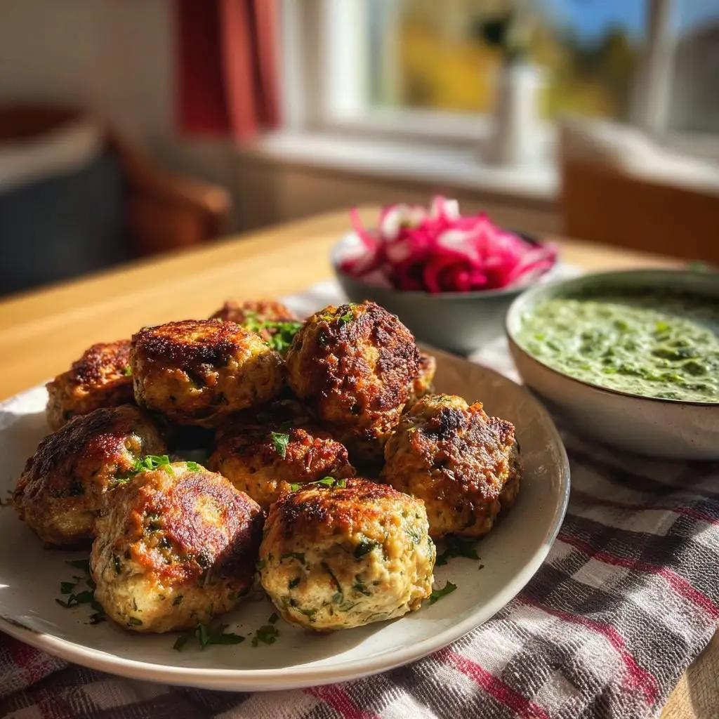 Hähnchen-Frikadellen mit Kräuter-Dip und Radieschensalat