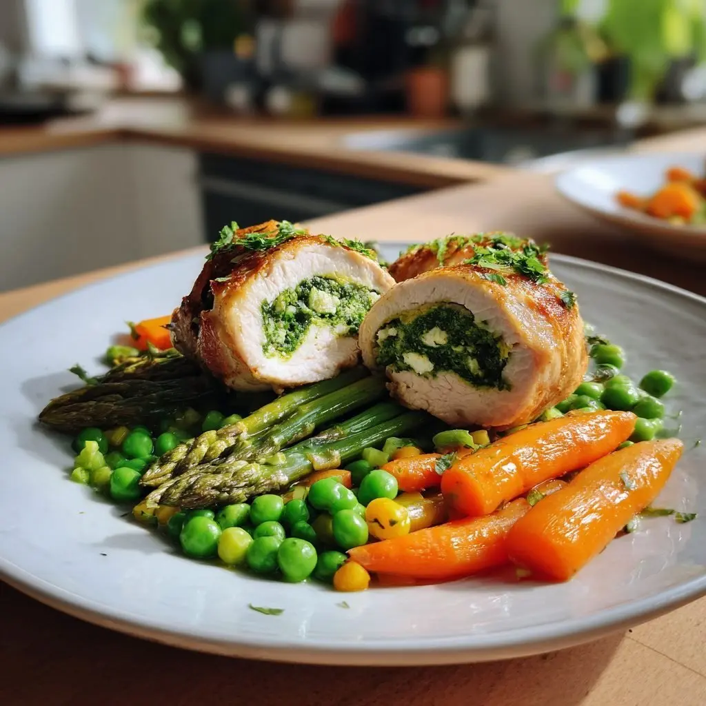 Hähnchenrouladen mit Bärlauch-Frischkäsefüllung auf Frühlingsgemüse – LNNRW