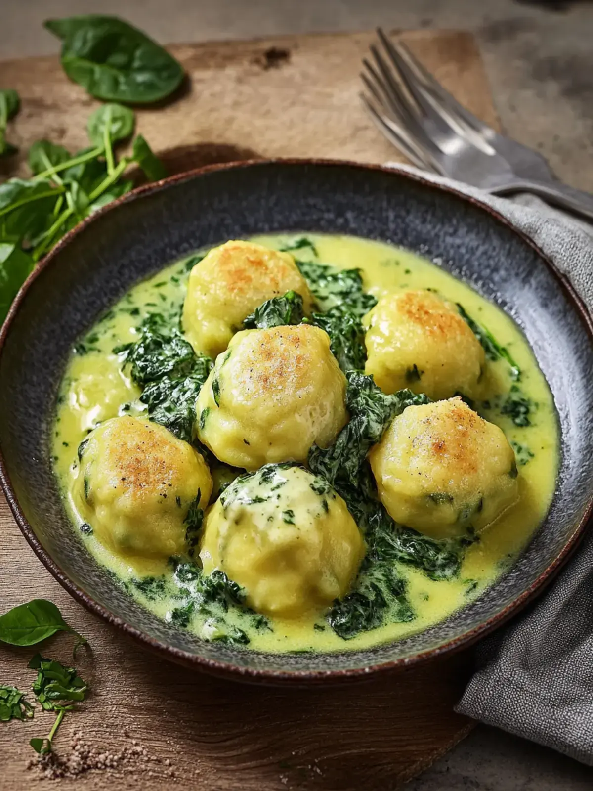 Kartoffelknödel mit Spinat-Käse-Soße