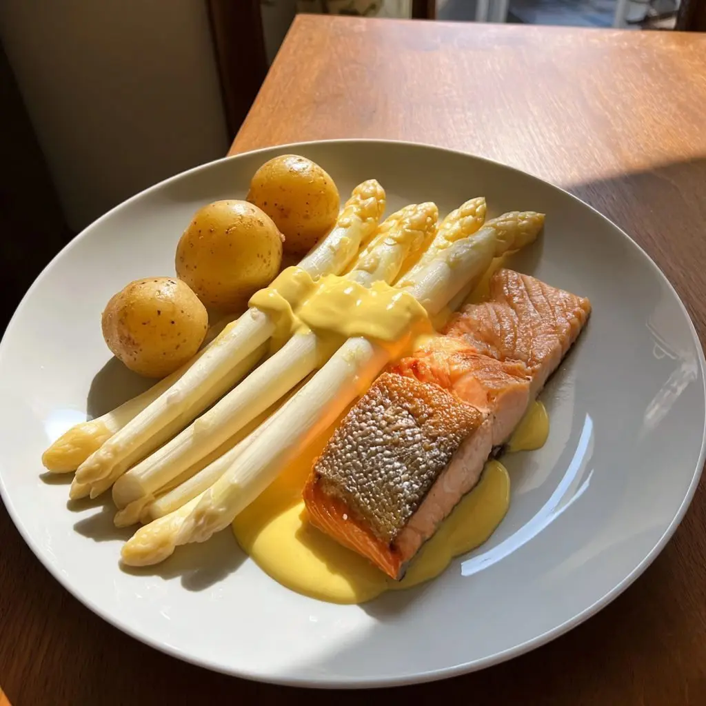 Klassischer Stangenspargel mit Lachs und Zitronen-Hollandaise
