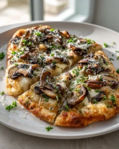 Knoblauch-Parmesan-Pilz-Fladenpizza mit Mozzarella
