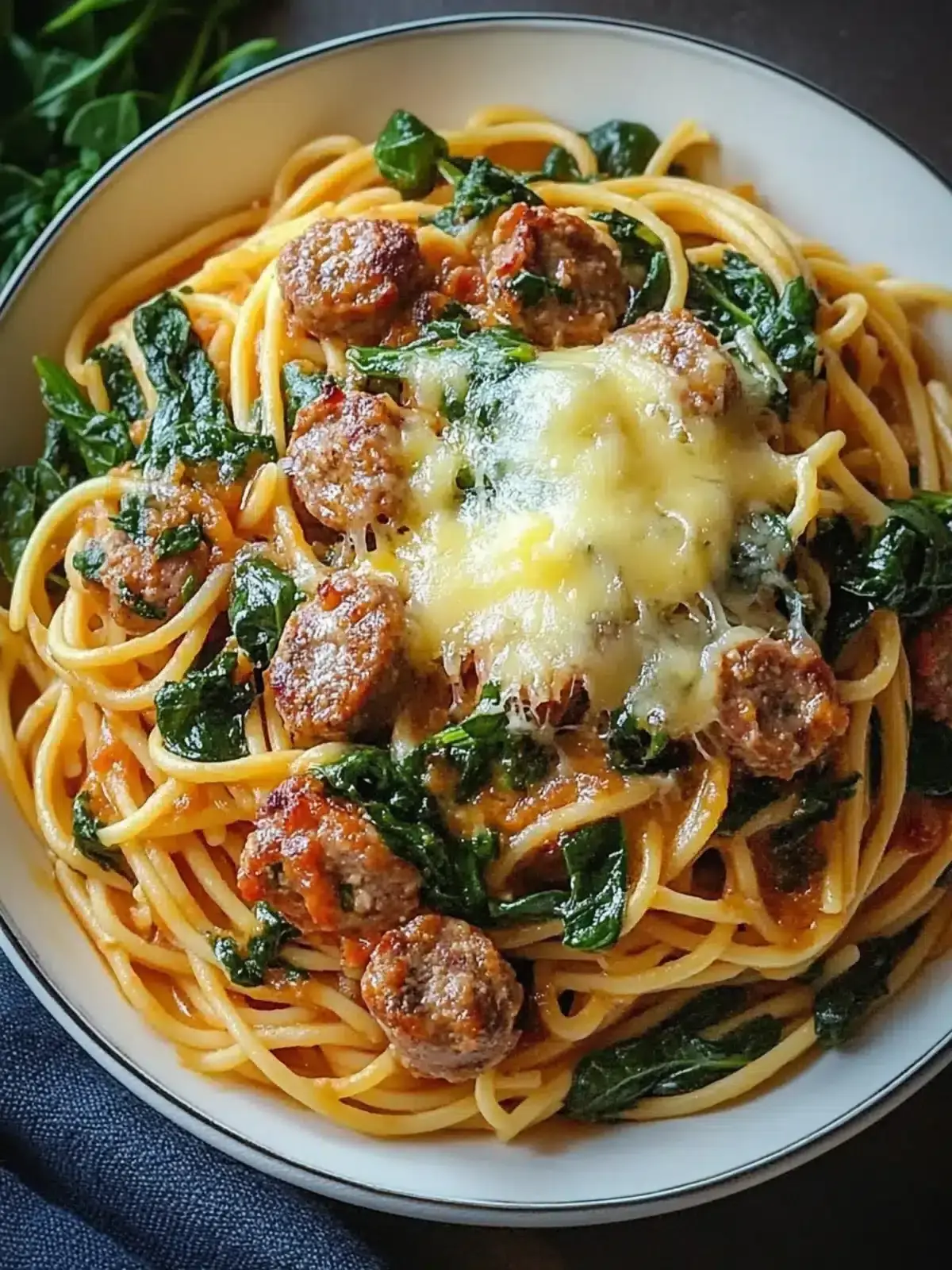 Knoblauchbutter-Spaghetti Wurst Spinat